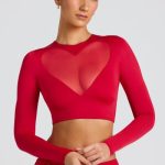 Sheer Panelled Long Sleeve Crop Top in Fire Red - Image 6