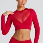 Sheer Panelled Long Sleeve Crop Top in Fire Red - Image 7