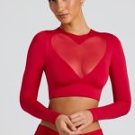 Sheer Panelled Long Sleeve Crop Top in Fire Red - Image 9