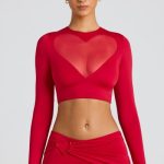Sheer Panelled Long Sleeve Crop Top in Fire Red - Image 10