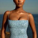 Embellished Square-Neck Top in Light Blue