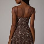Sheer Embellished Scoop Neck Mini Dress in Deep Cocoa - Image 2