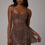 Sheer Embellished Scoop Neck Mini Dress in Deep Cocoa - Image 6