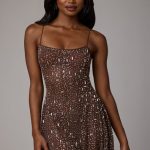Sheer Embellished Scoop Neck Mini Dress in Deep Cocoa - Image 7