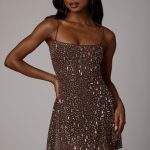 Sheer Embellished Scoop Neck Mini Dress in Deep Cocoa - Image 9