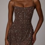 Sheer Embellished Scoop Neck Mini Dress in Deep Cocoa - Image 12