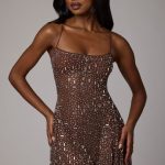 Sheer Embellished Scoop Neck Mini Dress in Deep Cocoa - Image 13
