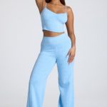 Mid Rise Straight Leg Pointelle Trousers in Baby Blue