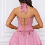 Halterneck Lace-Up Bubble Hem Corset Micro Mini Dress in Mauve - Image 2