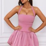 Halterneck Lace-Up Bubble Hem Corset Micro Mini Dress in Mauve - Image 8