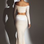 Velvet Off The Shoulder Ruched Crop Top in Ivory - Image 2