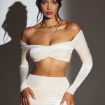Velvet Off The Shoulder Ruched Crop Top in Ivory - Image 7