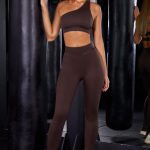 High Waist Split Flare Ribbed Leggings in Brown