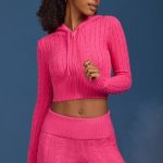 Cable-Knit Zip-Up Hoodie in Hot Pink