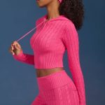 Cable-Knit Zip-Up Hoodie in Hot Pink - Image 3