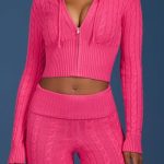 Cable-Knit Zip-Up Hoodie in Hot Pink - Image 4