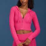 Cable-Knit Zip-Up Hoodie in Hot Pink - Image 7