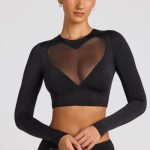 Sheer Panelled Long Sleeve Crop Top in Black - Image 6