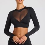 Sheer Panelled Long Sleeve Crop Top in Black - Image 8