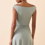 Modal Off-Shoulder Ruched A-Line Mini Dress in Smoke Green - Image 2