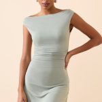 Modal Off-Shoulder Ruched A-Line Mini Dress in Smoke Green - Image 7