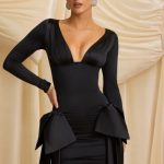 Bow-Detail Ruched Mini Dress in Black - Image 4
