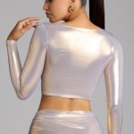Plunge Neck Metallic Jersey Crop Top in Light Gold - Image 2