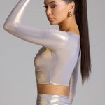 Plunge Neck Metallic Jersey Crop Top in Light Gold - Image 3