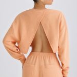Crew-Neck Open-Back Cropped Sweatshirt in Peach