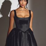 Woven Taffeta Corset Mini Dress in Jet Black - Image 6