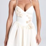 Halterneck Floral-Appliqu?? Corset Mini Dress in Ivory - Image 4