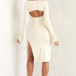 Square Neck Long Sleeve Midi Dress in Ivory - Image 2