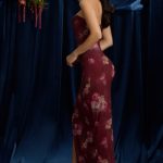 Strapless Cowl-Neck Maxi Dress in Maroon Floral Print - Image 7