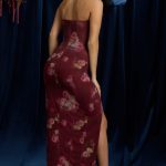 Strapless Cowl-Neck Maxi Dress in Maroon Floral Print - Image 8
