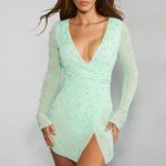 Embellished Wrap Over A-Line Mini Dress in Mint