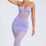 Sheer Panelled Draped Midaxi Dress in Dusty Lilac - Image 6