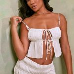 Shirred Tie Up Front Crop Top in White