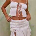 Shirred Tie Up Front Crop Top in White - Image 4