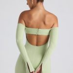 Modal Off-Shoulder Lace-Trim Mini Dress in Spring Green - Image 2