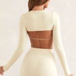 Cut Out Back Long Sleeve Crop Top in Ivory - Image 2