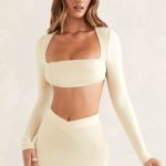 Cut Out Back Long Sleeve Crop Top in Ivory - Image 7