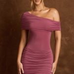 Off-Shoulder Draped Mini Dress in Dark Rose