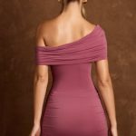 Off-Shoulder Draped Mini Dress in Dark Rose - Image 3
