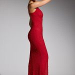 Embellished Plunge Neck Evening Gown in Red - Image 3