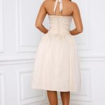 Halterneck Lace-Up Ruched Corset Midi Dress in Ivory - Image 2