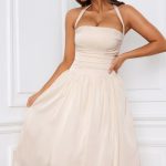 Halterneck Lace-Up Ruched Corset Midi Dress in Ivory - Image 5