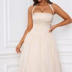 Halterneck Lace-Up Ruched Corset Midi Dress in Ivory - Image 7