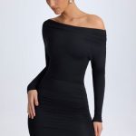 Modal Off-Shoulder Ruched Mini Dress in Black