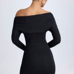 Modal Off-Shoulder Ruched Mini Dress in Black - Image 2