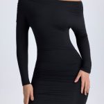 Modal Off-Shoulder Ruched Mini Dress in Black - Image 4